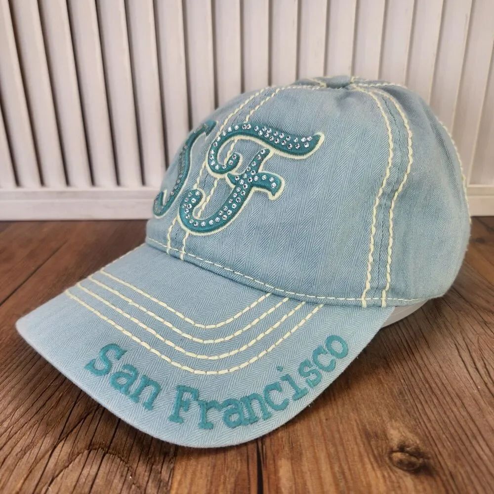 San Francisco Robin Ruth Strapback Hat Cap Blue Canvas Rhinestone Fashion Style